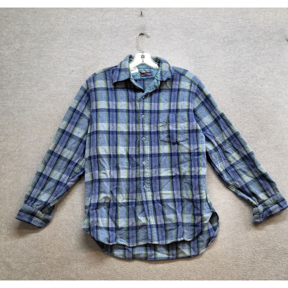VINTAGE Pendleton Men Button Up Shirt Large Blue Plaid Wool 90s Long Sleeve READ